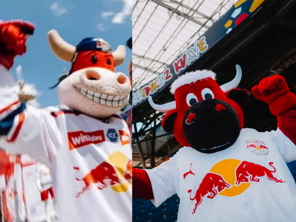Maskottchen des EC Red Bull Salzburg Rob und des FC Red Bull Salzburg Bullidibumm